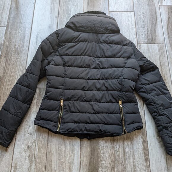 Zara Basic Black Puffer Jacket Faux Fur Lined Hood Women’s L Warm Winter Coat - Picture 2 of 8